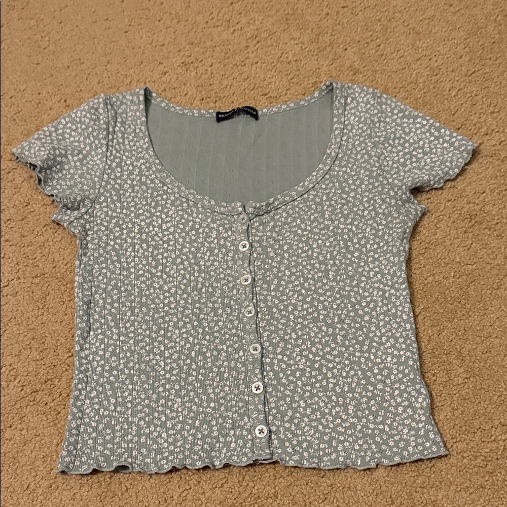 Brandy Melville Green Floral Button-Down Shirt